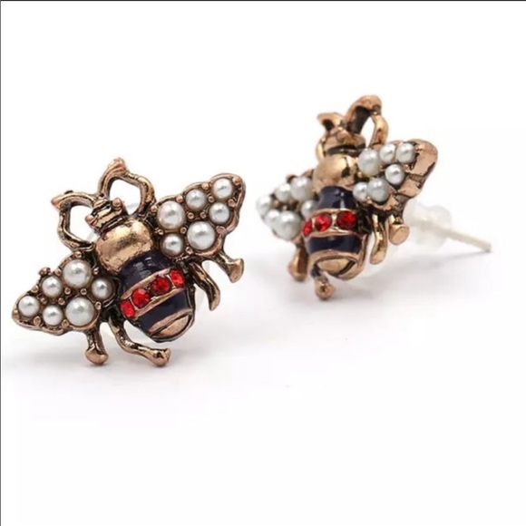 Rhinestone pearl bee vintage earrings boho Nwt - Picture 2 of 2
